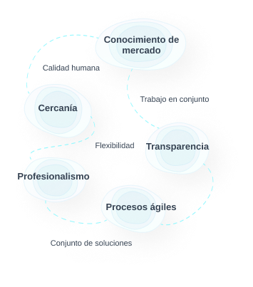 Conocimiento del mercado, Cercanía, Profesionalismo, Transparencia, Procesos ágiles, Conjunto de soluciones, Flexibilidad, Trabajo en conjunto, Calidad humana, Proactividad, Formación interna, Seguimiento